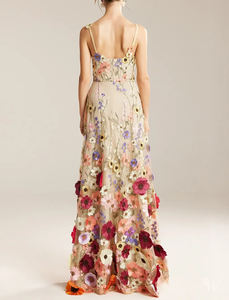 高品质网眼向日葵漂浮刺绣3D花网薄纱蕾丝礼服派对舞会婚礼马克西褶边连衣裙 - Product Image 2