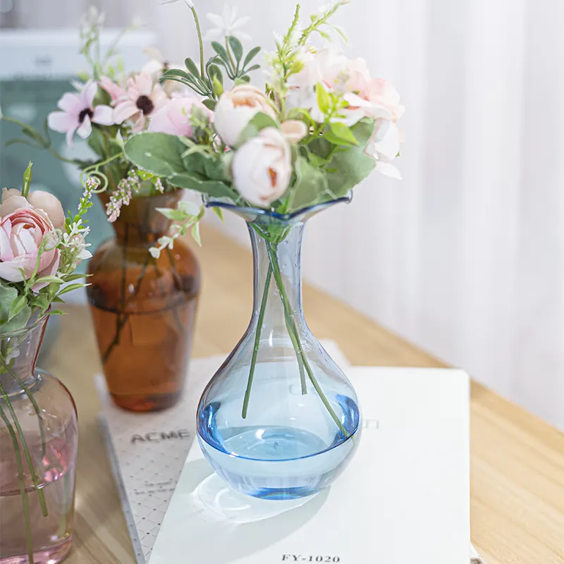 卸売ブルーガラス花瓶グリーンボトルアールデコデザイン500ml容量シリンダートールシェイプホームフラワーデコレーション卓上ギフト