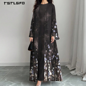 Women Black Floral Print Open Abaya Set Purple Blue Lavender <b>Sequin</b> <b>Flared</b> Sleeve Modest Muslim Elegant Two Piece Maxi Kimono - Product Image 1
