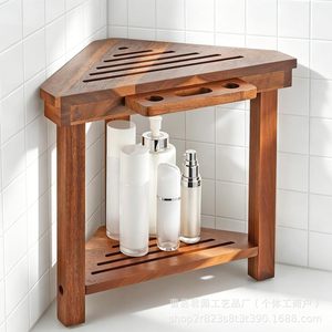 Wooden <b>Corner</b> <b>Shower</b> Stool With Storage <b>Rack</b> 15.15in Size For Bathroom Use - Product Image 2
