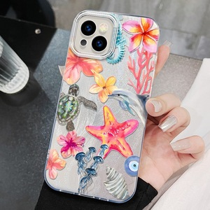 Capa de Telefone Móvel em Seda Prateada com Estampa de Flor, Golfinho e Estrela do Mar para iPhone 8 X Xr Xs Max 11 12 13 14 15 16 17 Air - Product Image 1