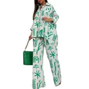 自由奔放に生きるプリント2ピース女性パンツパジャマセットセクシーなトップパンツ夏の女性ハイウエストワイドレッグセット2024ファッションパジャマホームスーツ