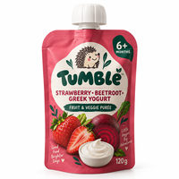 Pochette à bec verseur personnalisée imprimée, refermable et réutilisable pour aliments pour bébés, 120g, purée de fraise, betterave et yaourt grec