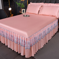Ensemble de couvre-lits détachables élastiques en dentelle de soie glacée de style coréen avec broderie en mélange de lin rose uni