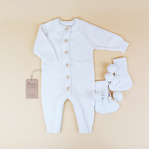 Pinuotu bébé vêtements ensembles bébé barboteuses 100% coton uni blanc costume tricot nouveau-né tenue mignon pompon boule chaussons ensemble - Product Image 4