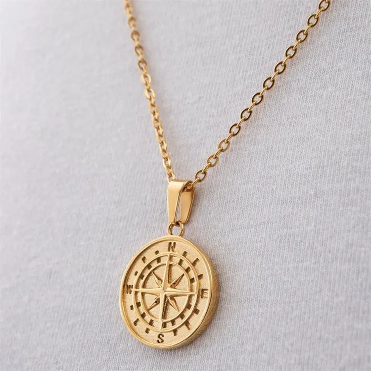 18k gold plated coin jewelry stainless steel north star compass pendant necklace