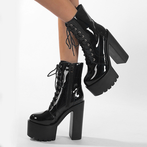 Botines de Mujer XSD de Charol Negro, Nuevo Estilo, Punta Cuadrada, Tacón Alto, Brillantes, Otoñales, con Cierre, a la Moda - Product Image 2