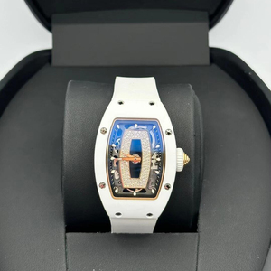 Montre mécanique de soirée pour <span class=keywords><strong>femme</strong></span> haut de gamme personnalisée 0701 en céramique blanche avec bordure noire et diamants incrustés de qualité VVS - Product Image 1