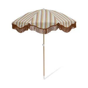 2024 best parasols supplier Hot trend Boho beach shade wooden beach umbrella tassels and chair picnic set