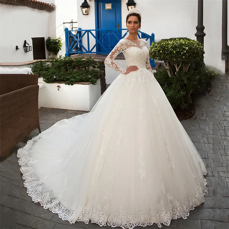 Drop Shipping 2021 New Round Neck Train Long Sleeve Lace White Elegant Wedding Dress Bridal Gown Bridal Wedding Dress