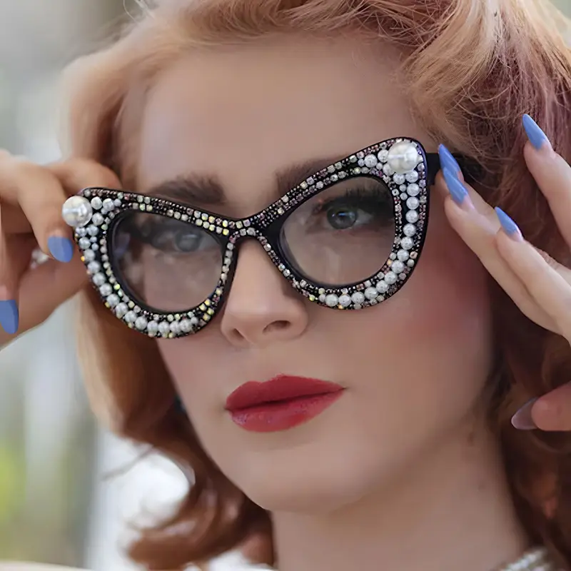 Ggkd5141 thời trang sang trọng ngọc trai Rhinestone trang trí rõ ràng lens kính khung Cat Eye phụ nữ Eyewear màu xanh chặn ánh sáng kính