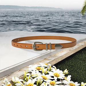 Cinturón Retro Delgado de Aleación con Hebilla Plateada para Mujer, de Cuero Genuino de Primera Capa, Estilo Vintage Casual Ligero con Patrón Geométrico para Jeans y Pantalones - Product Image 3