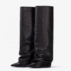 Pleated Upper Thin High Heel Pointed Toe Overlay <b>Shoes</b> Dress Stiletto Pants Boots Women's Folded Over Knee High Booties - Product Image 4