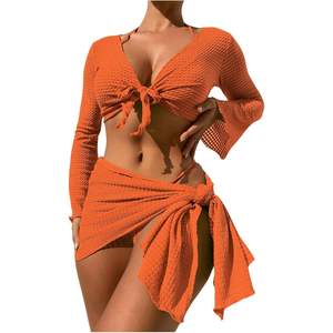 Ensemble de bikini 4 pièces personnalisé pour femme avec paréo, maillot de bain orange, design torsadé, extensible, en spandex et polyester - Product Image 3