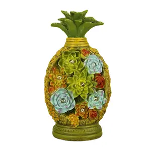 菠萝花园雕像和雕像装饰，庭院艺术树脂多汁植物，带7个发光二极管户外装饰太阳能雕像灯