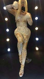 Sexy Long Sleeves White <strong>Lace</strong> Crystal Show Dancer One Piece Bodysuit Women <strong>Rompers</strong> Female Birthday Party Club Rhinestone Jumpsuit - Product Image 2