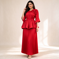Robe islamique deux pièces brodée de fleurs, taille peplum, jupe plissée, tenue de fête modeste islamique africaine