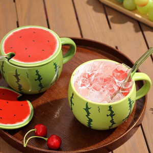 Novelty Watermelon <b>Ceramic</b> Mug with Lid and Straw Cute <b>Ceramic</b> Drinking <b>Cup</b> for Coffee and Water - Product Image 4