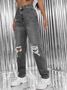 <span class=keywords><strong>Gris</strong></span> <span class=keywords><strong>clair</strong></span> bleu respirant simple confortable élégant taille moyenne femmes <span class=keywords><strong>jean</strong></span> jambe droite Baggy Denim déchiré lavé décontracté - Product Image 5