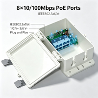 Switch PoE para Exteriores con Entrada de 12-24V CC, 8 Puertos 10/100Mbps, IP53 Impermeable, para Sistemas de Energía Solar