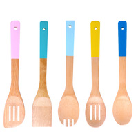 5 ustensiles de cuisine en bambou naturel, avec poignée colorée