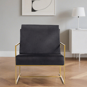 Poltrona in Velluto <span class=keywords><strong>Nero</strong></span> con Struttura in Metallo Dorato, Sedia Moderna per Soggiorno, Poltrona Singola da Salotto, Sedia Relax - Product Image 2