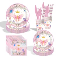 Vaisselle jetable sur le thème des fleurs et des papillons roses, assiettes en papier, nappe, serviettes, drapeaux, couteaux, fourchettes, cuillères pour fête d'anniversaire de fille