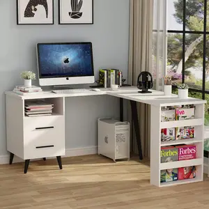 Elegant Modern Design L-Shaped Wood White Office Desks Computer Table with Drawer Open Storage