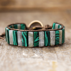 Natural Stone <b>Beaded</b> <b>Bracelet</b> Turquoise Purple Pattern Genuine Leather Rope Wrapped Unisex Jewelry Gift - Product Image 3