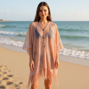 Angelina - Pareo tipo chal con botones, 92x165cm, con flecos, para playa, maxi, holgado, cuello en V, manga murciélago, transpirable, tejido liso - Product Image 2