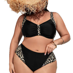 새로운 레오파드 무늬 색상 차단 플러스 사이즈 여성 하이 웨이스트 등이없는 분할 수영복 뚱뚱한 여자 비키니 수영복 여름 - Product Image 6