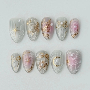 Faux Ongles à Presser Fleurs du Jardin Secret, Courts, Forme Amande, Rose, Thème Printemps-Été, Art des Ongles, Inspiré des Contes de Fées, Vente Chaude - Product Image 1