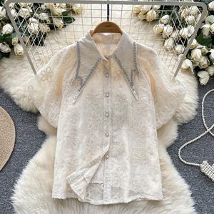 कस्टम महिलाओं के ब्लाउज और शर्ट लैपल डायमंड स्टड हुक फूलों की कढ़ाई शिफॉन बुलबुला आस्तीन शर्ट - Product Image 2