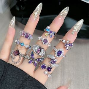 Luxury Inlaid Purple Color Zircon <b>Ring</b> for Women <b>Stacked</b> Open Sunflower Temperament Butterfly Open <b>Ring</b> Irregular Texture <b>Ring</b> - Product Image 1