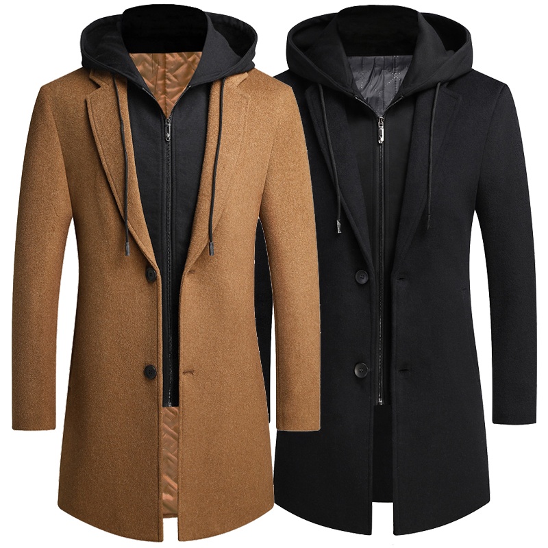 Mens Long Hooded Trench Coats Wool Hoodie Korean Peacoat Detachable Overcoat Brown Plush Cardigan Woolen Clothes Winter Jacket