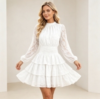 Robe personnalisée OEM, nouvelle collection printemps-automne, col rond, manches longues bouffantes, couleur unie, dentelle, volants, simple et décontractée