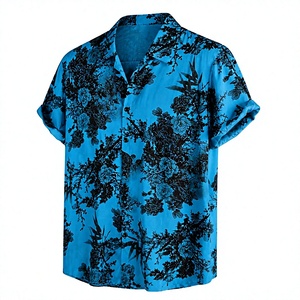 เสื้อเชิ้ตแขนสั้นพิมพ์ลายดอกไม้สีน้ำเงินสดสำหรับผู้ชาย เสื้อเชิ้ตคอปกแบบลำลอง ติดกระดุม ใส่เที่ยวทะเล รีสอร์ท ขายส่ง - Product Image 2