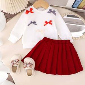 Conjunto <span class=keywords><strong>de</strong></span> Ropa para Niñas, Primavera, Blusa Blanca <span class=keywords><strong>de</strong></span> Manga Larga con Lazo, Falda Plisada Roja Vino, Dulce <span class=keywords><strong>y</strong></span> Lindo - Product Image 3