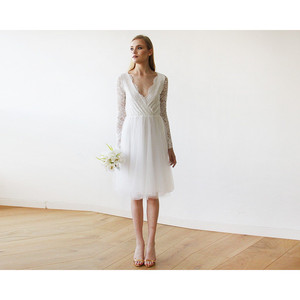 Vestido de Novia Corto, Vestido Midi de Tul y Encaje Color Marfil # 1144 - Product Image 3