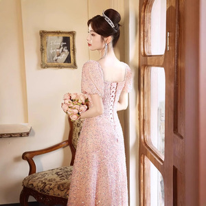Pink Sequined Evening Gown Sweetheart Neckline Natural Waist Long Dress For Coming Of Age Ceremony - Product Image 3