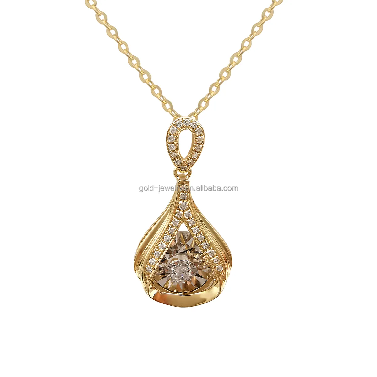 New Design 18K Real Gold Necklace Jewelry Wholesale Dancing Diamond Water Drop Shaped Pendant Necklace