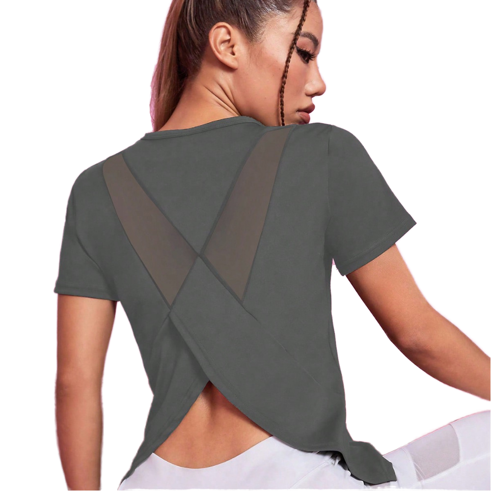 Women's Athletic Crop Top Quick Dry Gym T-Shirt Front Breathable Yoga Active Wear Solid Loose Back Mesh Splicing Short Washed