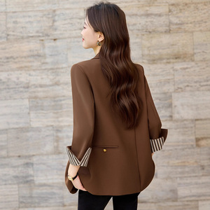 Women's Blazer Brown Solid Color Loose Fit Anti-Wrinkle Pocket Design Autumn 2025 Style - Product Image 1