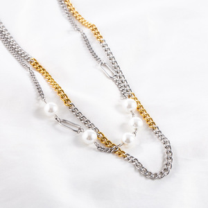 yunnique Layered <b>Titanium</b> Steel Necklace With Pearl Unisex Street Style Geometric Design Double <b>Chain</b> Fashion Jewelry - Product Image 2