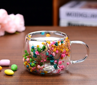 Mug en verre borosilicate soufflé à la main à double paroi avec intercouche de fleurs séchées, résistant à la chaleur, 130 ml, anti-fuite