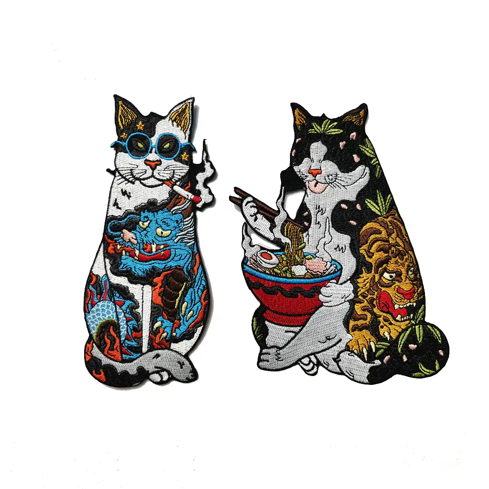 Ensemble complet de nouilles japonaises, vente d'usine, Cool, patchs brodés de chat de dessin animé, en fer, livraison gratuite