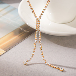 Collar en forma de Y de acero inoxidable chapado en oro de 18 quilates con circonita blanca y rosa, cadena de moda antidesvanecimiento para mujer. - Product Image 3