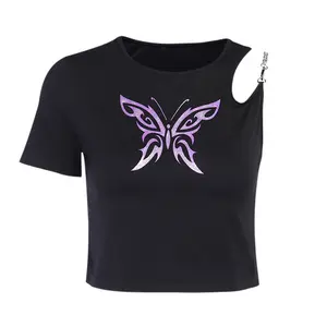 T-Shirt a farfalla con maniche a catena a fascia Rock Streetwear moda donna T-Shirt Crop Top con stampa