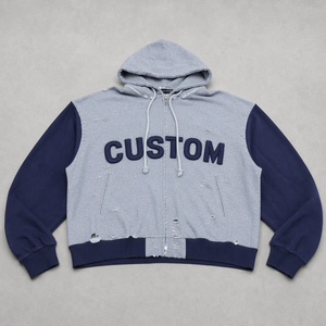 Sudadera con capucha y cremallera extragrande personalizada para hombre, gris, azul marino, con estampado de letras, manga raglán, estilo urbano, para otoño, de forro polar - Product Image 3