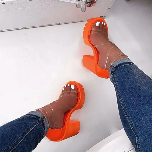 Sandalias de tacón alto con cuña y correa transparente para mujer, zapatos de Color neón, Color naranja, sexys, a la moda